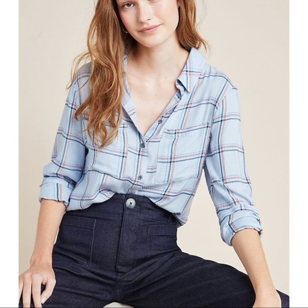 Anthropologie Pilcro Plaid Shirt in Blue and Pink Open Back Flap Medium